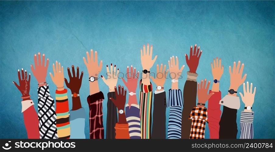Group raised human arms and hands.Diversity multiethnic people. Racial equality. Men and women of diverse culture and nations. Coexistence harmony. Multicultural community. Copy space