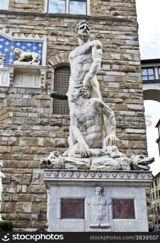 Group statue of Hercules and Cacus in front of the Palazzo Vecchio main entrance