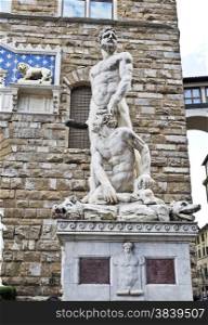 Group statue of Hercules and Cacus in front of the Palazzo Vecchio main entrance