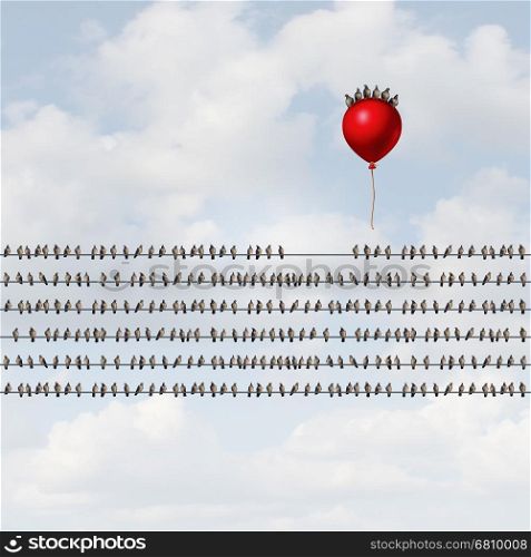 Group venture and new startup organization concept as many birds perched on wires with a risk taking team riding a balloon upward as a new business enterprise launch with 3D illustration elements.