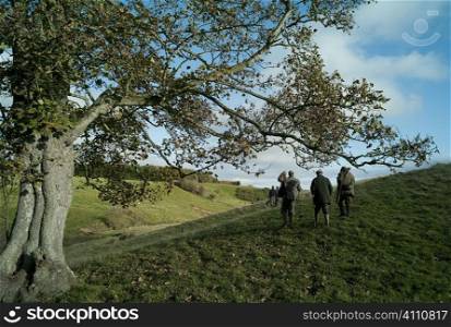 Grouse hunters on hillside in Berwickshire, Scotland