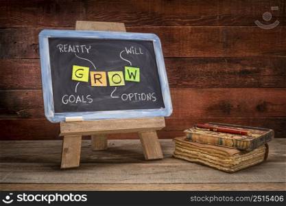 GROW (goals, reality, options, will) - life coaching motivation acronym, chalk handwriting and sticky notes on blackboard in a retro classroom setting