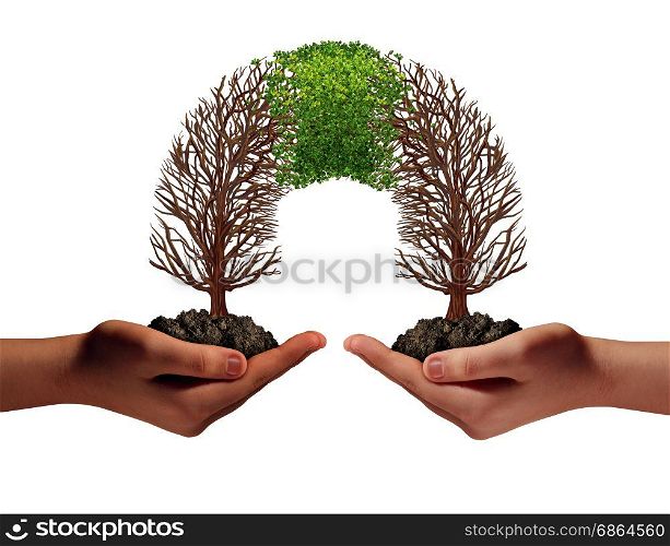 Growing a business partnership as two people holding struggling trees that connect together and new growth coming back as a collaboration success symbol in a 3D illustration style.
