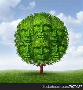 Growing community group as a tree with green leaves shaped as a connected network of human heads as a social partnership working together for a common strategy to grow as a strong successful organized team.