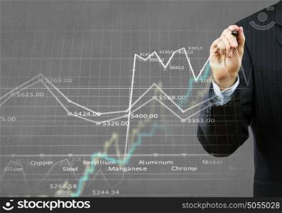Growing graph. Businessman hand drawing business graphs on media screen