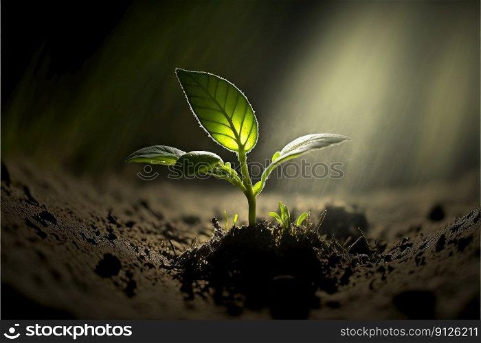 Growing green young plant sprout in stage of nature under sunlight in the morning. Concept of natural tree new life on sustainability and eco-friendliness to wellness design. Finest generative AI.. Growing green young plant sprout stage of nature under sunlight in the morning.