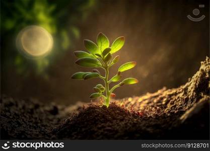 Growing green young plant sprout in stage of nature under sunlight in the morning. Concept of natural tree new life on sustainability and eco-friendliness to wellness design. Finest generative AI.. Growing green young plant sprout stage of nature under sunlight in the morning.