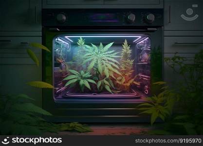 Growing marijuana cannabis leafs in open kitchen oven. Neural network AI generated art. Growing marijuana cannabis leafs in open kitchen oven. Neural network AI generated