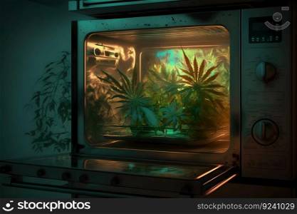 Growing marijuana cannabis leafs in open kitchen oven. Neural network AI generated art. Growing marijuana cannabis leafs in open kitchen oven. Neural network AI generated