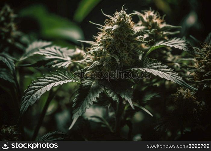 growing mature indica cannabis buds, beautiful blooming green marijuana flower, generative ai.