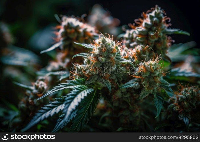 growing mature indica cannabis buds, beautiful blooming green marijuana flower, generative ai.