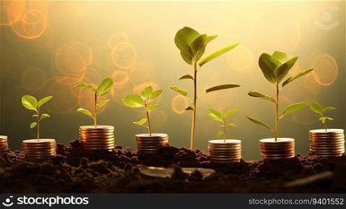 Growing plant on coins with bokeh background, business and finance concept