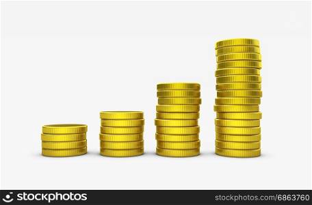 Growing stack of golden coins business success and money investment concept 3D illustration.