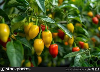 Growing sweet peppers in a greenhouse close-up. Generative AI