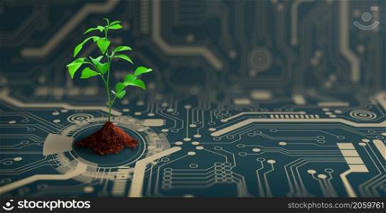 Growing tree with soil on the converging point of computer circuit board. Nature with Digital Convergence and Technological Convergence. Green Computing, Green Technology, Green IT, csr, and IT ethics Concept.