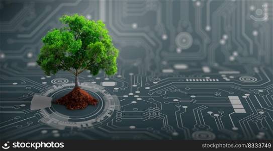 Growing tree with soil on the converging point of computer circuit board. Nature with Digital Convergence and Technological Convergence. Green Computing, Green Technology, Green IT, csr, and IT ethics Concept.