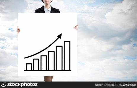 Growth and income seminar. Businesswoman holding poster with growing arrow graph
