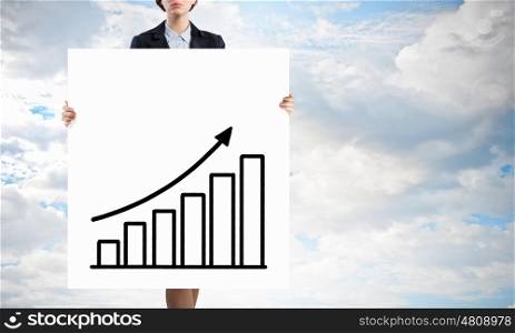 Growth and income seminar. Businesswoman holding poster with growing arrow graph