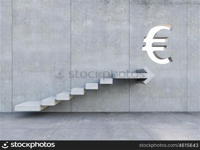 Growth and progress concept. Concrete room with graph stair on wall going up and euro sign on top