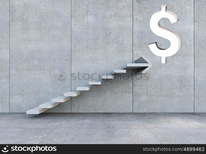 Growth and progress concept. Concrete room with graph stair on wall going up and dollar sign on top