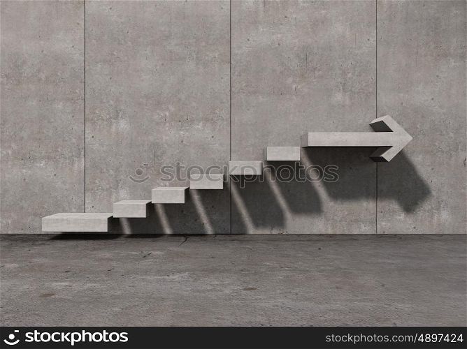 Growth and progress concept. Concrete room with graph stair on wall going up