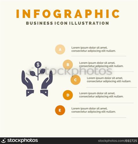 Growth, Business, Grow, Growing, Dollar, Plant, Raise Solid Icon Infographics 5 Steps Presentation Background