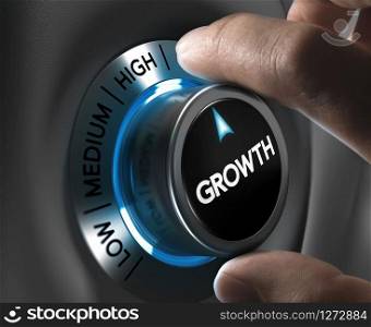 Growth button pointing the highest position with two fingers, blue and grey tones, Conceptual image for business or economic strategy. Business Growth Concept