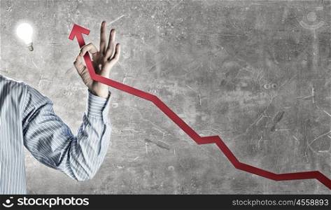 Growth concept. Businessman hand showing ok gesture and red growing graph