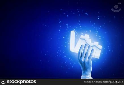 Growth concept. Close up of businessman hand presenting digital market graph
