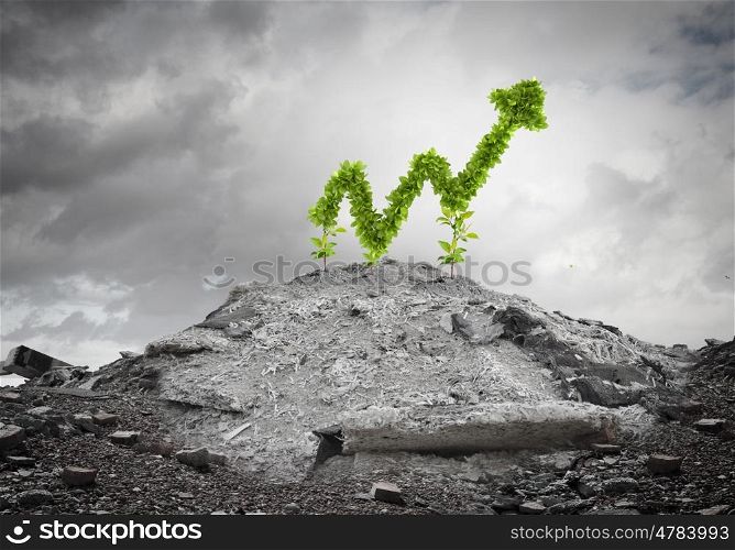 Growth concept. Conceptual image with increasing graph growing on ruins