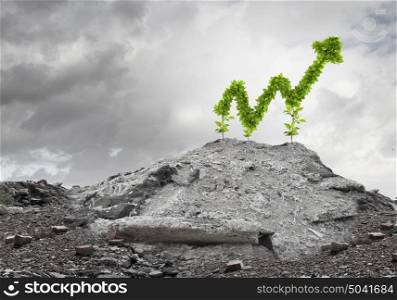 Growth concept. Conceptual image with increasing graph growing on ruins