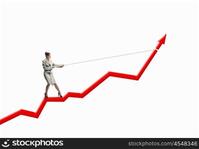 Growth concept. Image of businesswoman standing on graph. Income and profit