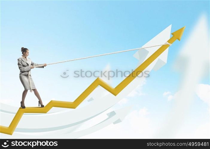 Growth concept. Image of businesswoman standing on graph. Income and profit