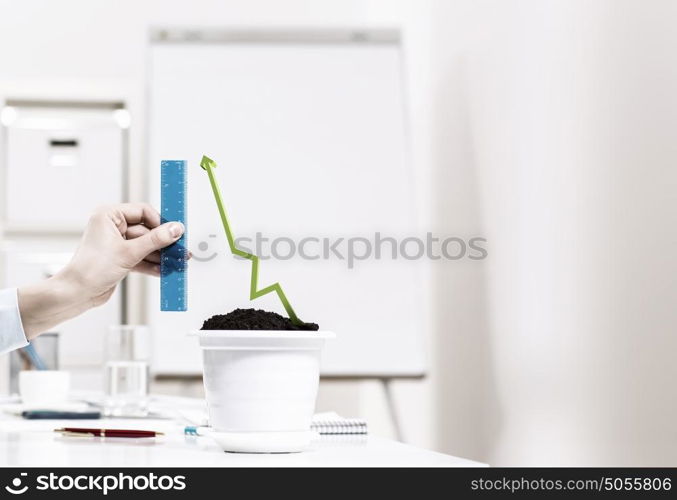 Growth concept. Plant in pot shaped like graph. Wealth concept