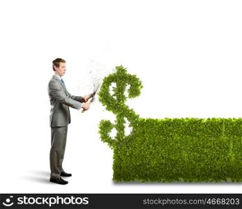 Growth concept. Young businessman cutting bush in shape of dollar