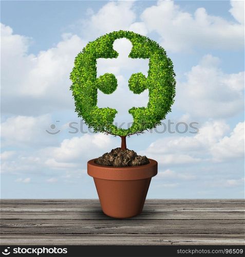 Growth consulting solution idea as a growing tree shaped as a jigsaw puzzle piece with 3D illustration elements.