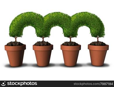 Growth network business concept as a group of planting pots with trees connected together in a linked chain as a metaphor for communication and partnership success or bridging the gap by growing in unity.