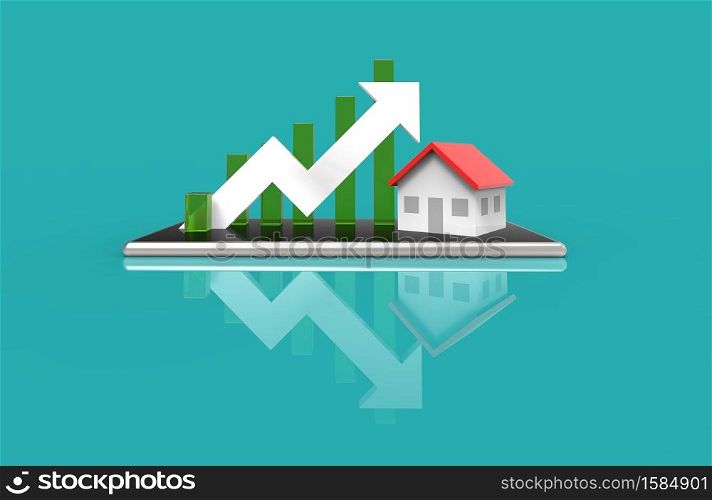 Growth real estate concept. Business graph and house on mobile phone. 3D Illustration.
