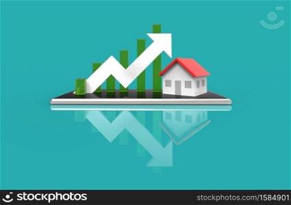 Growth real estate concept. Business graph and house on mobile phone. 3D Illustration.