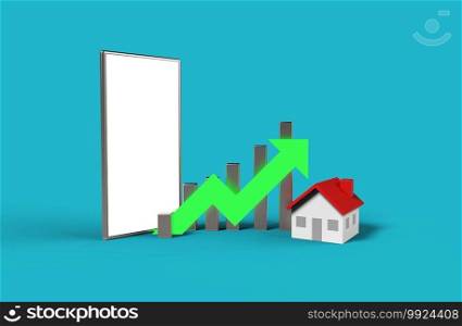 Growth real estate concept. Business graph with house  and blank screen mobile phone. 3D Illustration. 