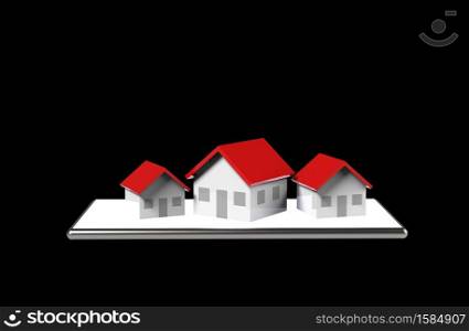 Growth real estate online concept. Group of house on mobile phone. 3D Illustration.