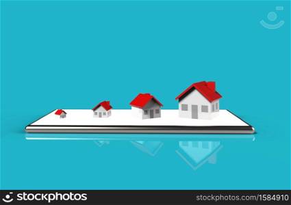 Growth real estate online concept. Group of house on mobile phone. 3D Illustration.