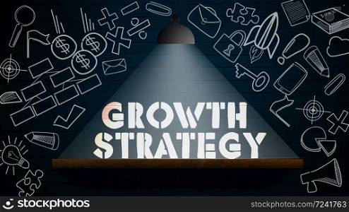 Growth strategy word business concept with lamp on the wall. 3d rendering