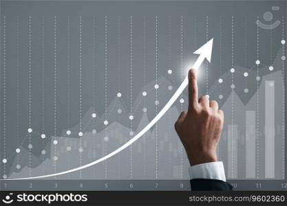 Growth trajectory of business is represented by a businessman pointing an arrow on a graph. vivid depiction encapsulates essence of business development, future success, and path to achieving growth.