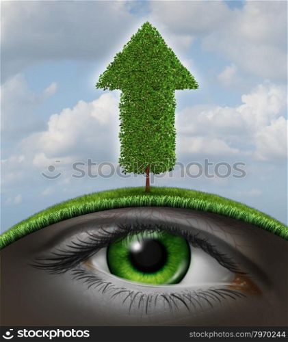 Growth vision business concept as a tree in the shape of an upward arrow and a human eye underground growing in the roots as a symbol of investment success with seed money for new financial ventures.