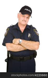 Grumpy looking police officer isolated on white background.