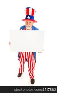 Grumpy Uncle Sam holding a blank sign. Full body isolated design element.