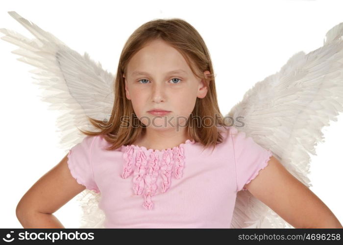 grumpy young girl fairy angel on white