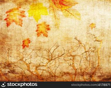 grunge abstract fall background with trees and colorful leaves