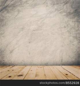 grunge cement wall and wood floor background and texture with space.